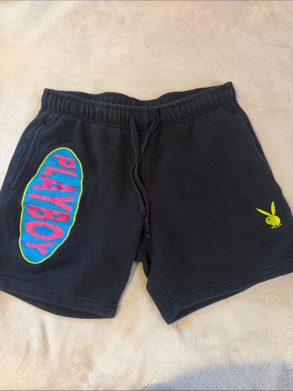 PLAYBOY Black Shorts with Blue and Neon Logo Accents